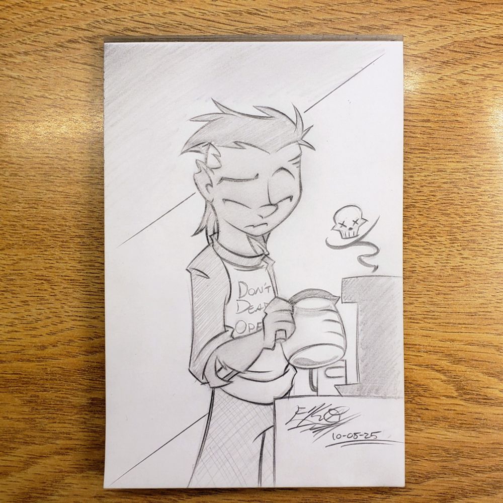 Photo of a traditional pencil pic. A very sleepy looking Zombie guy stares into a mostly empty coffee pot. The undead guy has bone deep damage to his head, ear and arm on his right side. He's sporting a baseball-style shirt that reads "Don't Dead Open Inside" and a pair of boxers. Unlike our fully dead yet half awake dude, the coffee machine is just fully dead with a cartoonish skull wafting from it.
