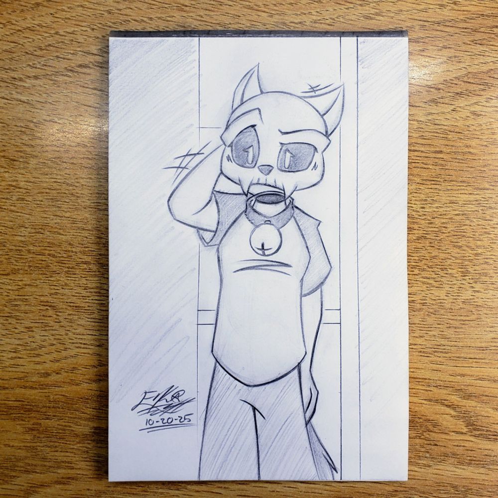 Photo of a traditional pencil pic. Hilda, a descendant of the Headless Horseman, is wearing a new head but looks confused. She's sporting a very low-key cat costume of just a tail and a collar with an oversized bell on it. The rest of her outfit is a simple raglan t-shirt and pants. The money went into a human head sized cartoon cat skull complete with a nonsensical set of ears and a missing lower jaw. She's rubbing the back of the oddly floating skull as if it were her  own natural head.