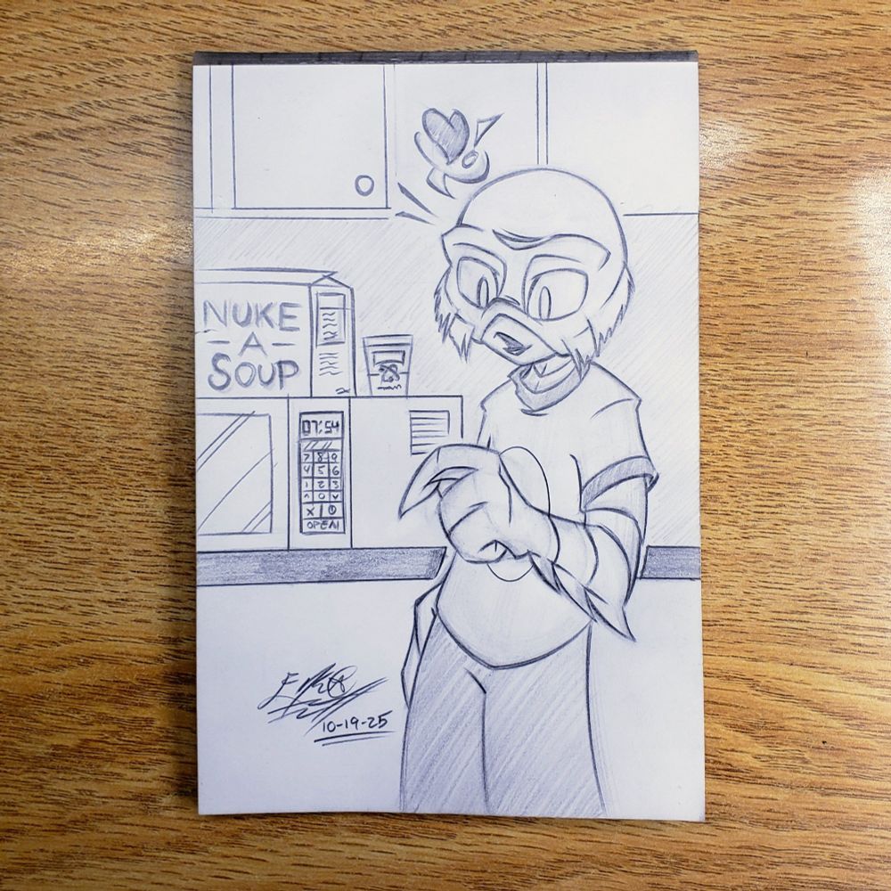 Photo of a traditional pencil pic. A female Gill-Man stands in a kitchen sporting a short sleeved ringer t-shirt and pants. She looks happily at the large microwaveable cup of chicken soup that has been nearly dwarfed by her large webbed clawed hand. Beside her on the counter sits an open box of "Nuke A Soup" brand soup on top of a microwave. Another cup stands at the ready. The time reads 07:54 - a nod to the release year of the original 'Creature from the Black Lagoon' film.