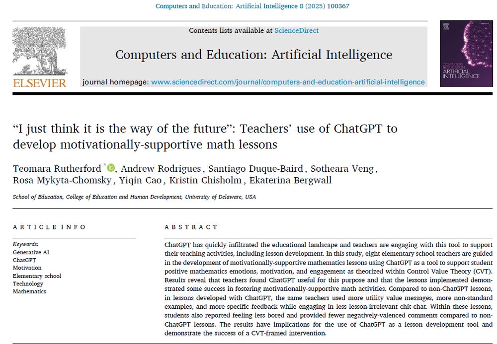 Screen shot of article title page. Article is titled "I just think it is the way of the future": Teachers' use of ChatGPT to develop motivationally-supportive math lessons
