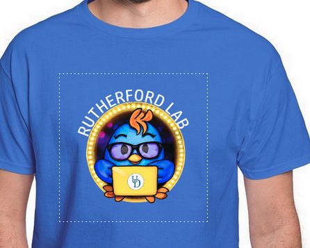 A mock-up of a light blue t-shirt with the Rutherford Lab logo (a child-like blue hen wearing glasses and using a laptop)
