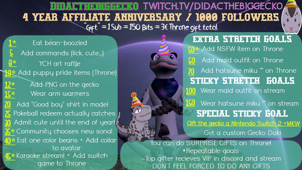 Silly and fun goals to be reached during the Big Gecko 4th affiliate anniversary on Twitch next Wednesday 16th!