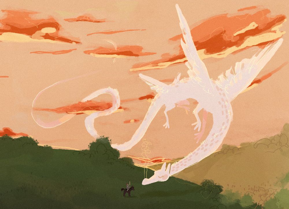 this is a lineless illustration set in a huge rolling field and an orange sunset. a large white winged dragon spans from the background to the foreground, its tail whisps away into the clouds. a very extremely small knight on a horse is at the foreground, just feet from the nose of the dragon.