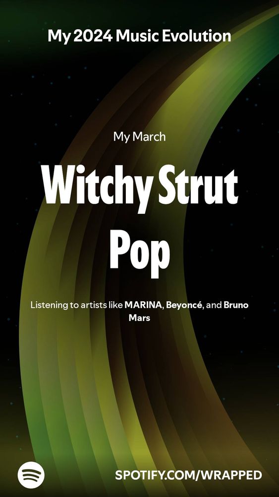 Parte do Spotify Wrapped. Nele, o texto:

"My 2024 Music Evolution

My March

Witchy Strut Pop

Listening to artists like MARINA, Beyoncé and Bruno Mars