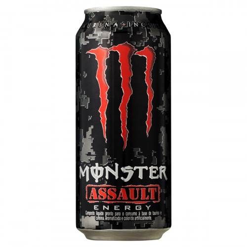 Lata do energético Monster Assault.
Lata predominante preta, com detalhes em cinza simulando camuflagem militar.

O logo da marca (um M) está em vermelho.
A palavra "Monster" está em branco, abaixo do logo. 
A palavra "Assault", abaixo de "Monster", está em vermelho, caixa-alta e rodeada por um retângulo vermelho. 