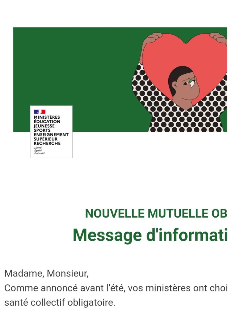 Capture d'écran du mail concernant la nouvelle mutuelle dans laquelle se trouve une illustration verte rouge noire et blanche, avec un motif qui rappelle le keffieh