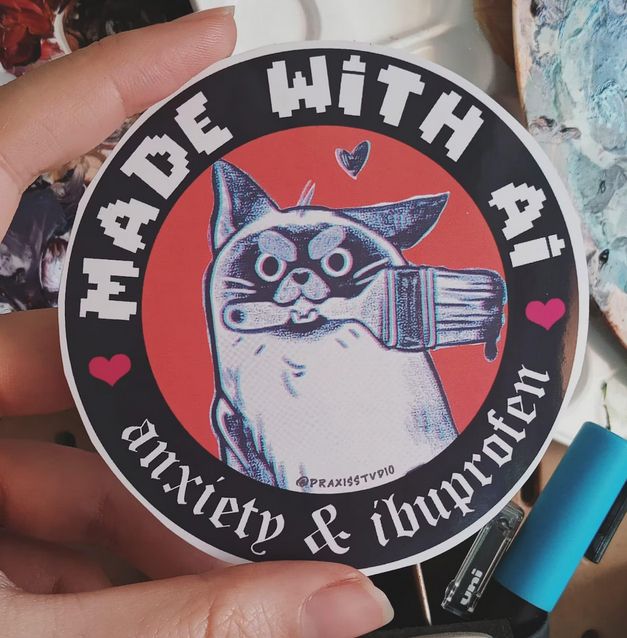 un sticker avec un chat qui tient un pinceau dans sa gueule, et l'inscription "made with ai : anxiety & ibuprofen" , vendu par praxistudio : https://www.etsy.com/fr/shop/PraxiStudio