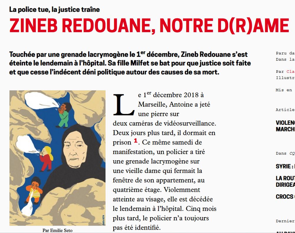 Aperçu de l'article sur Zineb Redouane qui se trouve à la page suivante, avec un portrait de Zineb Redouane réalisé par Seto : https://cqfd-journal.org/Zineb-Redouane-notre-d-r-ame