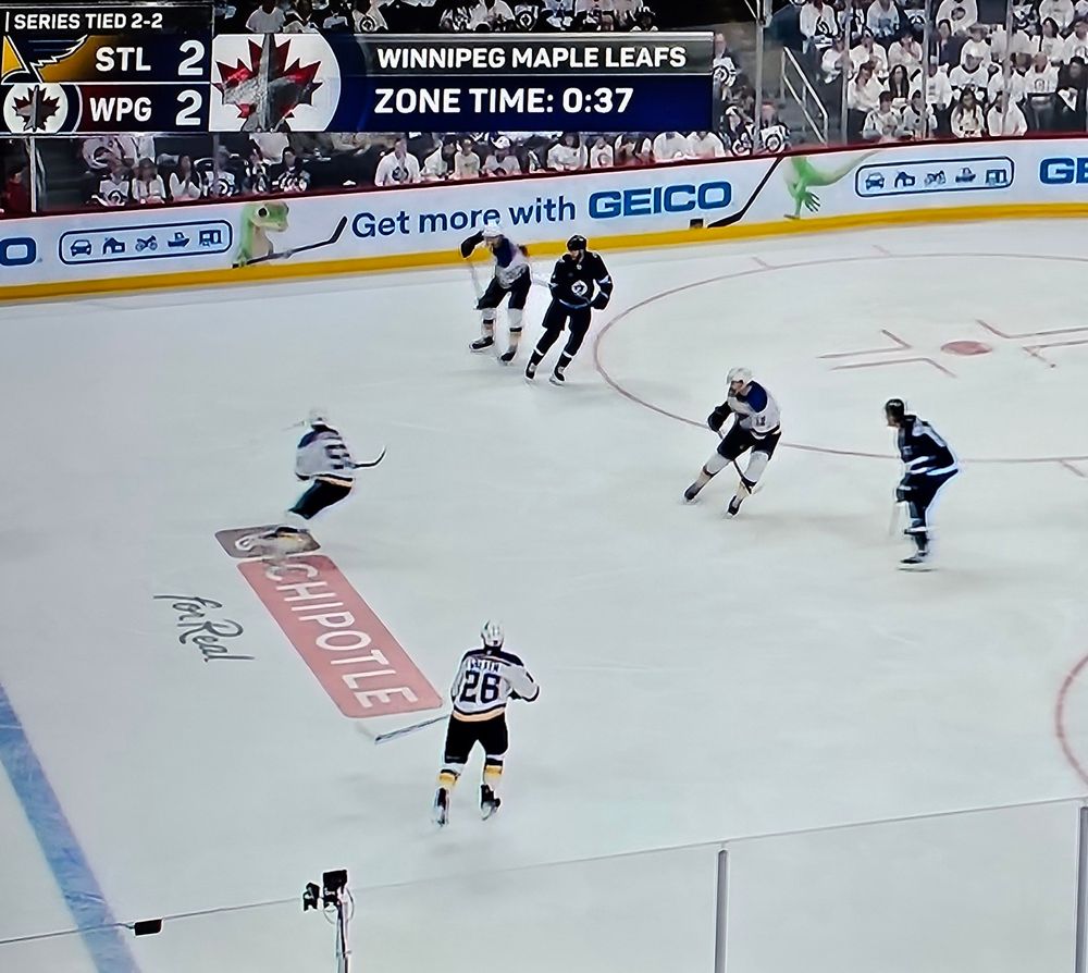 During the Winnipeg Jets vs St. Louis Blues playoff game, ESPN loaded a text bug that said "Winnipeg Maple Leafs". 