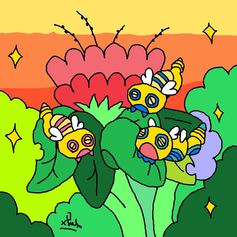 3 dunsparce pokémon are on the leaves of a flower and it looks like sunset