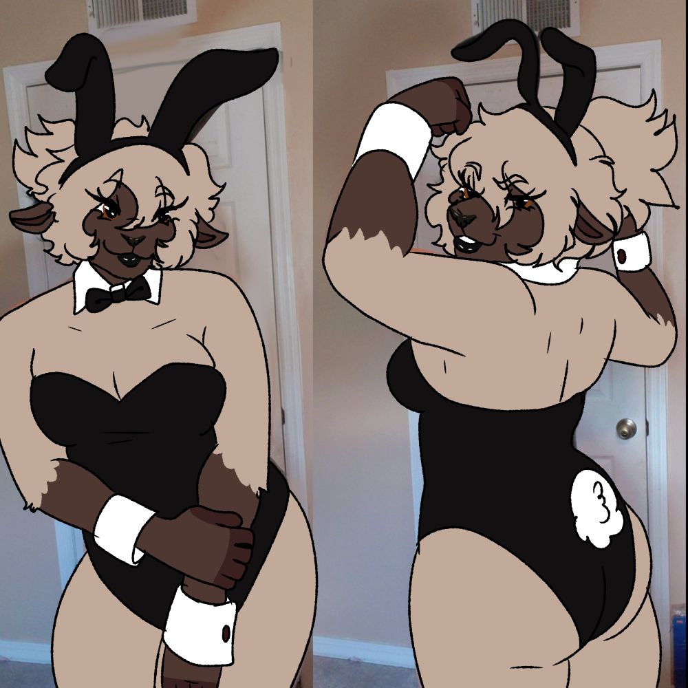 Two photos of Sophie wearing a black bunnysuit. In the first photo she smiles at the camera. In the second, she has her back turned and is flexing at the camera.