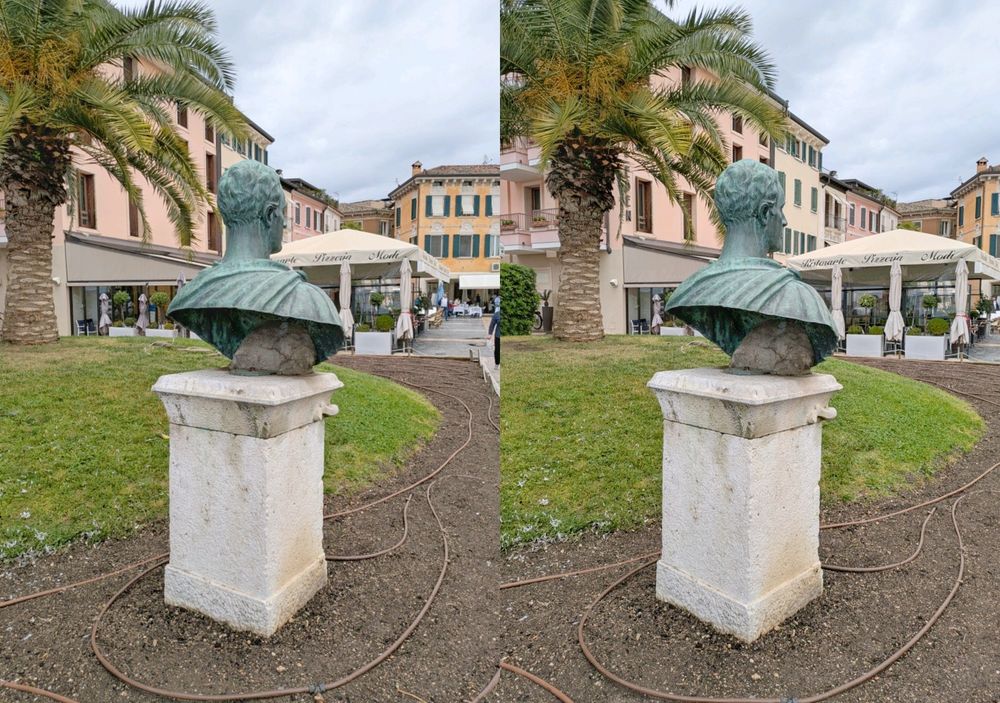 Parallel stereo view of a bust on display in Sirmione.