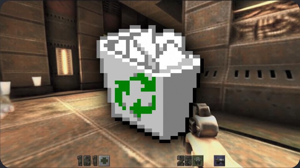 This Microsoft Muse promotional image shows a screenshot of a Generative AI version of Quake 2. Most of the image's color has been drained to express lifelessness. Dominating the image is an enlarged Windows 95 recycle bin icon that suggests the best place for the product.