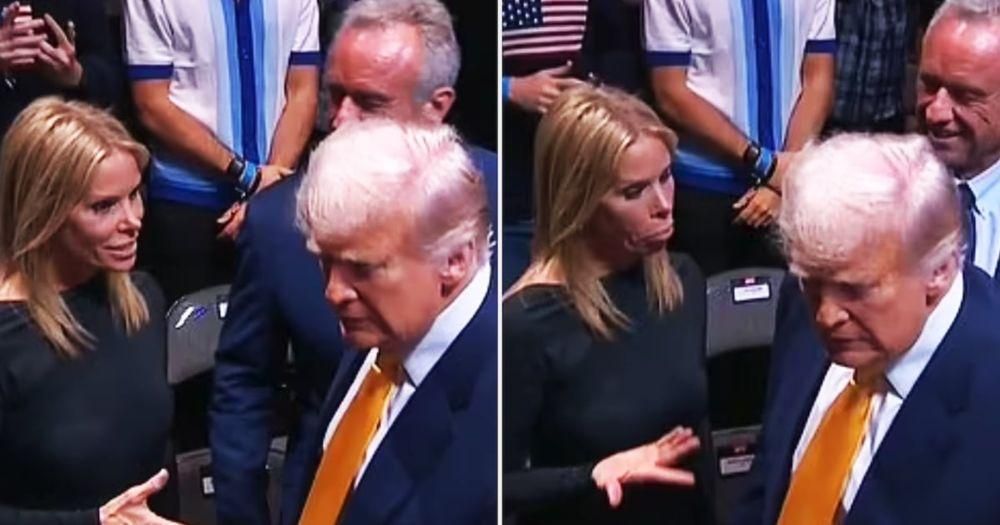 Cheryl Hines pouting like a toddler after being snubbed by Trump during a UFC photo op. Her husband RFK, Jr. looks amused.
