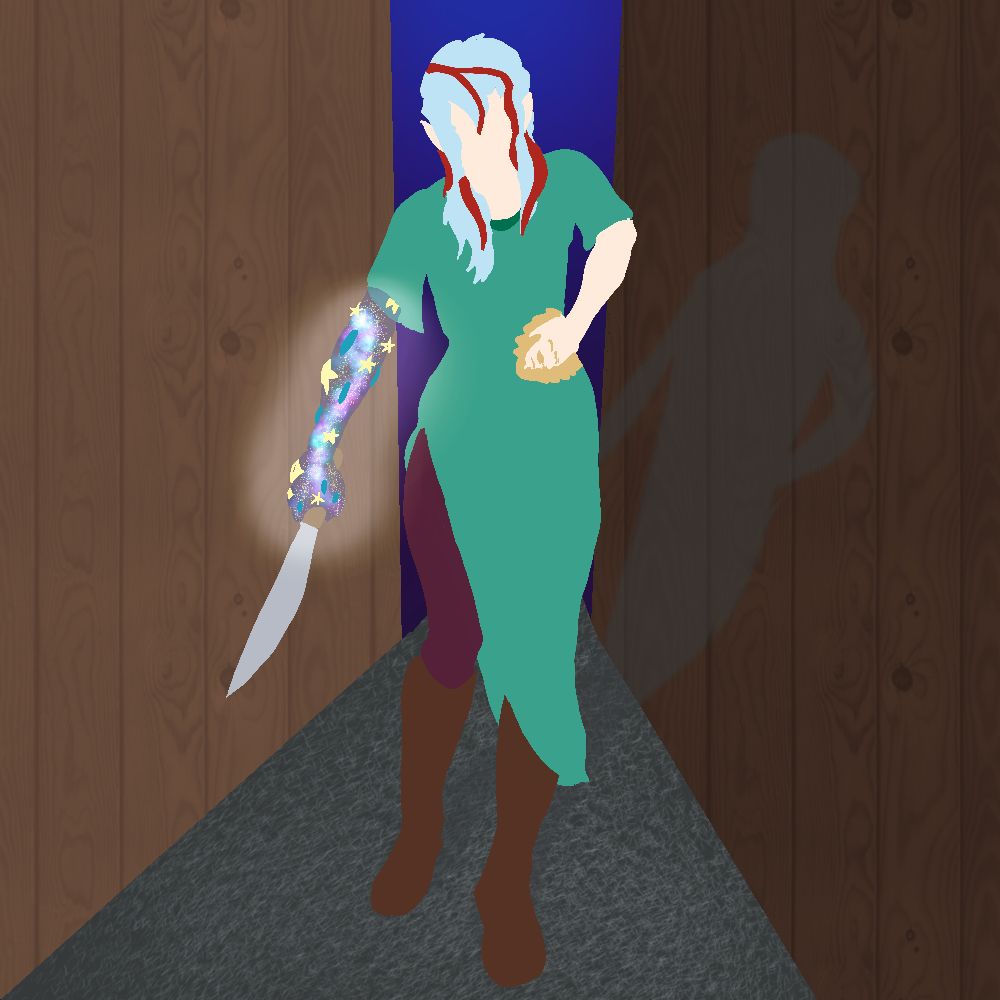 A half finished drawing of an injured person with blue hair and red streaks, green dress with maroon pants and brown boots and a starry arm