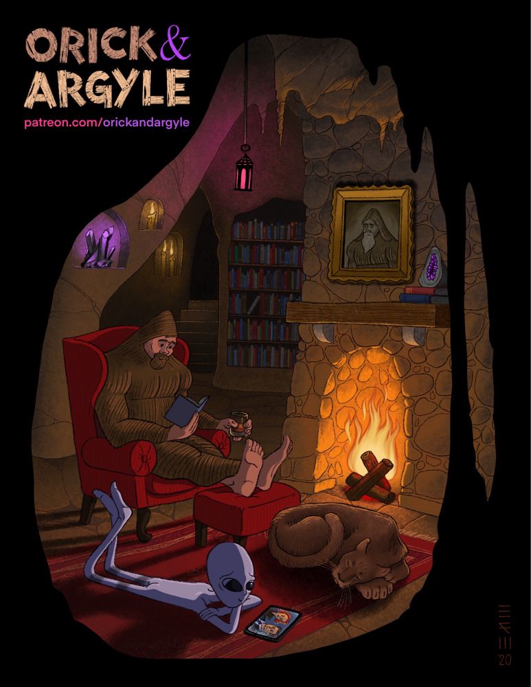 Comic characters Orick, a Sasquatch, Argyle, an extraterrestrial, and Leona, a mountain lion, are relaxing in Orick’s cave. Orick is reading in his chair, Argyle is on the floor watching The X-Files on his iPad, and Leona is napping in front of the fire. In the background is a bookshelf and a staircase, and above the fireplace hangs a painting of one of Orick’s Sasquatch ancestors.