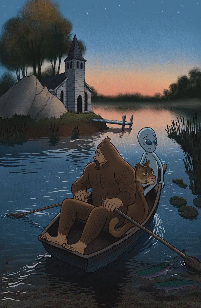 A digital illustration showing comic book 3 characters in a rowboat on a pond at twilight. The pond is ringed with lily pads and cattails. Orick, a Sasquatch is rowing the boat; sitting in the boat behind him are Leona, a mountain lion, and Argyle, an extraterrestrial. The characters are looking cautiously in different directions. In the distance is an island with a spooky old wooden church and a pier.