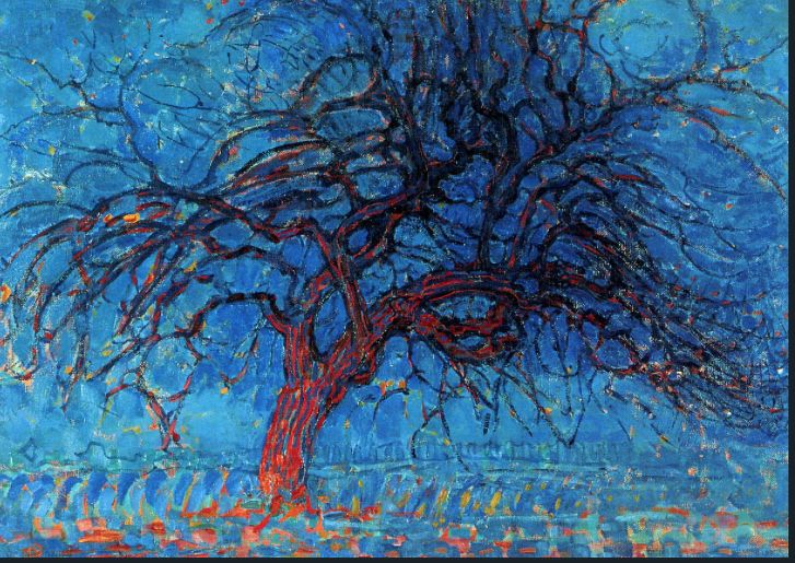 Stark red, bare, tree against dramatic blue background. Thick brush strokes, somewhat like Van Gough in style.