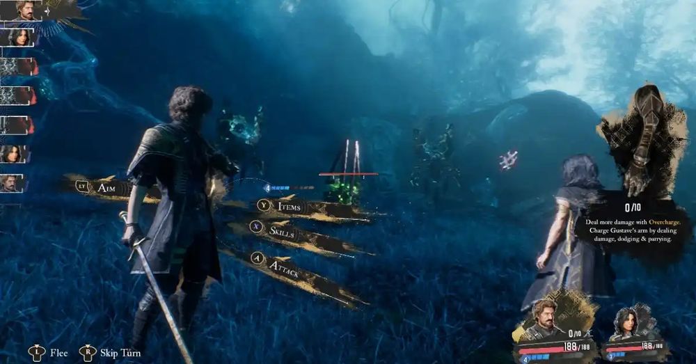Een screenshot die een gevecht laat zien uit de game Clair Obscur: Expedition 33.