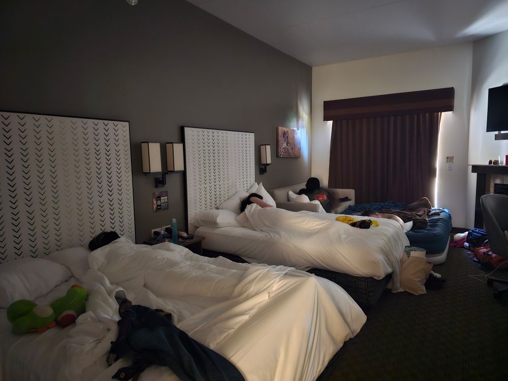 Yokes sleeping in the hotel room lol