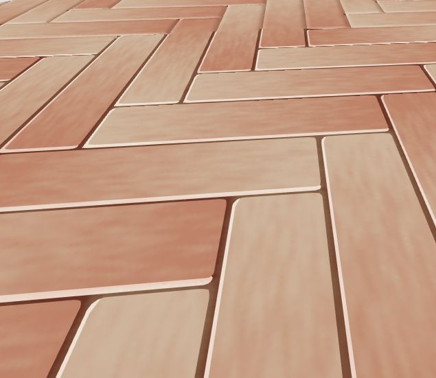 A texture of a wood floor in a herring bone pattern with the shader applied. The wood grain appears nice and smooth, while the shading on the edges is nice and sharp lines.