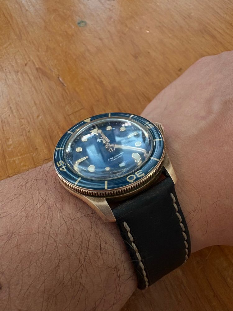 A bronze dive watch with a blue bezel.