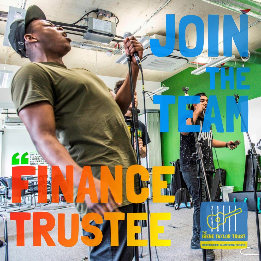 The image shows a young man singing powerfully into a mic - with the words 'Join the team' and 'Finance Trustee' overlaid 