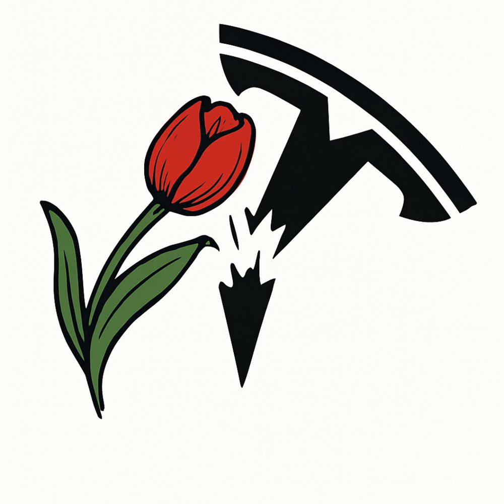 Image of a red tulip leaning toward a Tesla logo.  One leaf is lifted up toward the Tesla logo breaking apart the Tesla logo in an attack. 