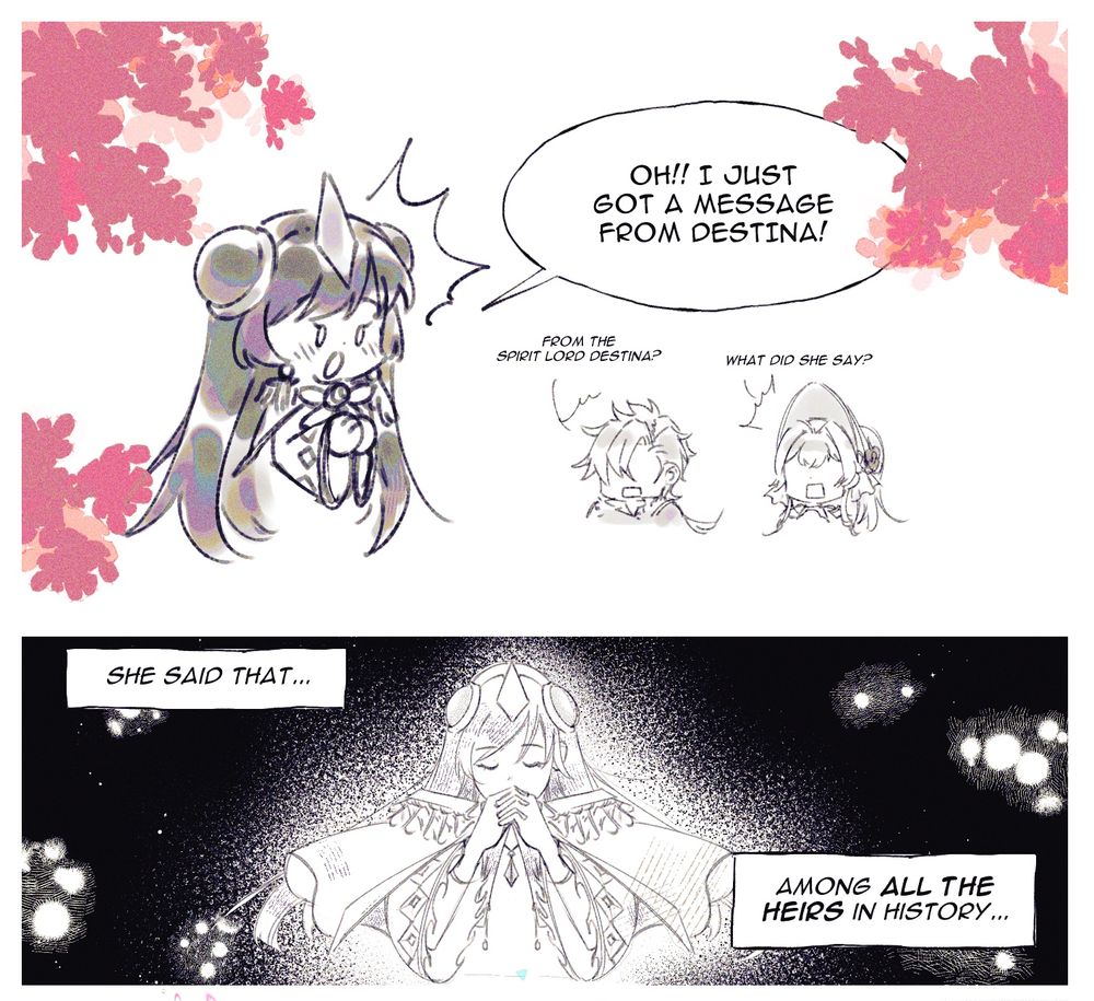 Ruele: I just got a message from Destiny
Krau: From the spirit lord destina?
viktorika: what did she say?

panel 2: 
ruele: she said that among all the heirs in history 