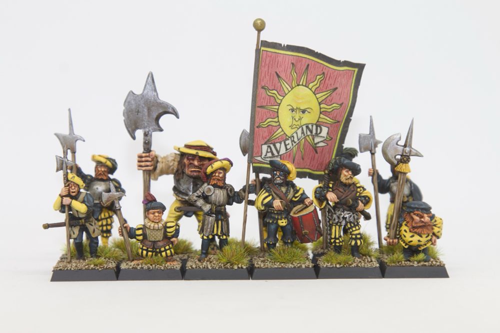 Warhammer Empire halberdiers made up of Halflings, Dwarfs, Ogres and humans
