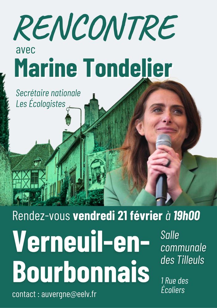Marine Tondelier à Verneuil-en-Bourbonnais le 21 février à 19h00 pour une réunion publique inversée.