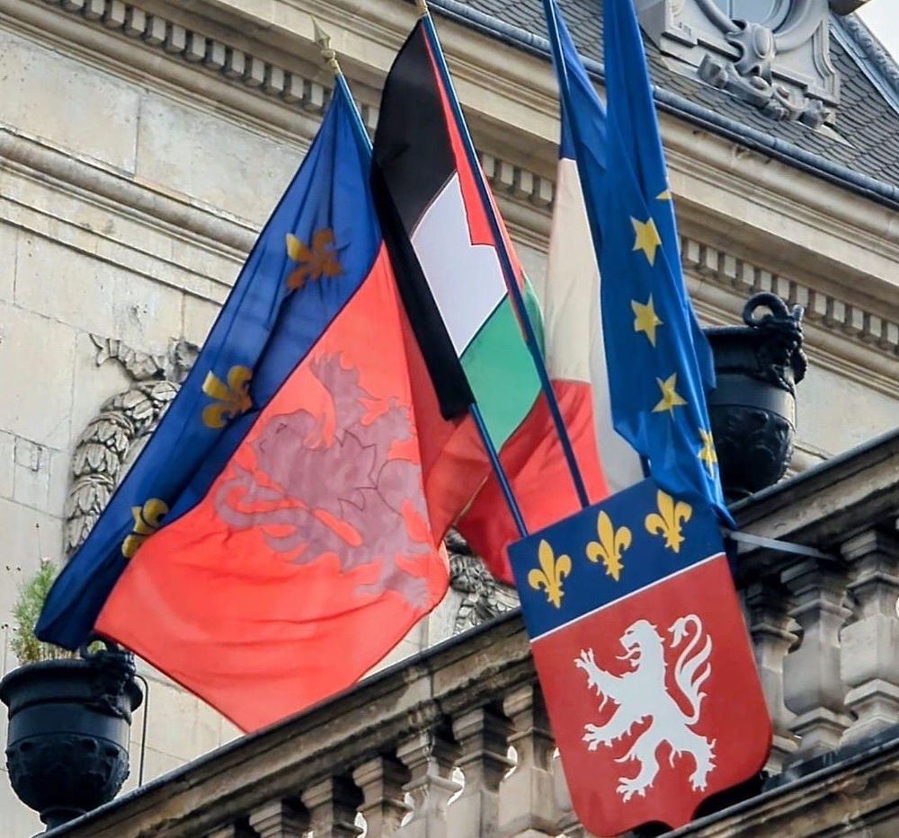 Photo de la mairie de Lyon avec le drapeau palestinien
