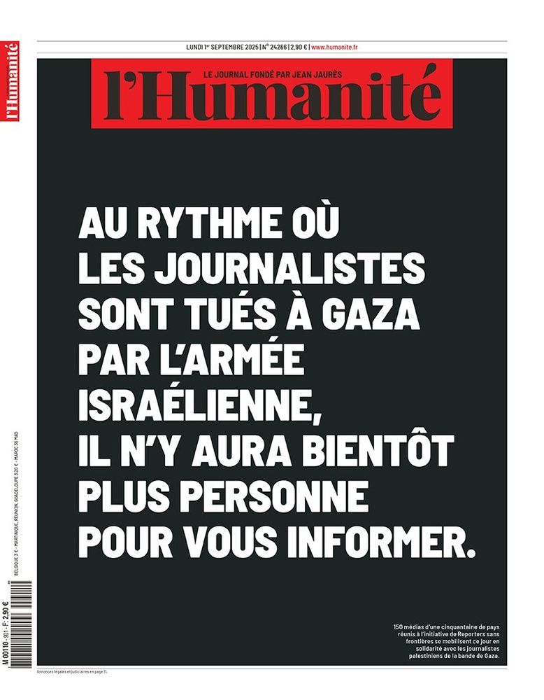 Une de L'Huma du 1er septembre 2025 sur les journalistes tués à Gaza