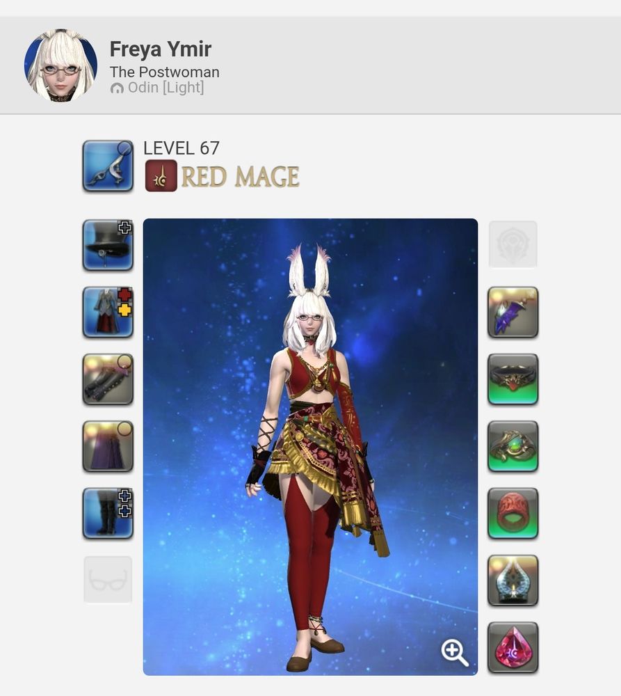 screenshot of a white haired bunny girl FFXIV character dressed in fancy red crop top, skirt and tights