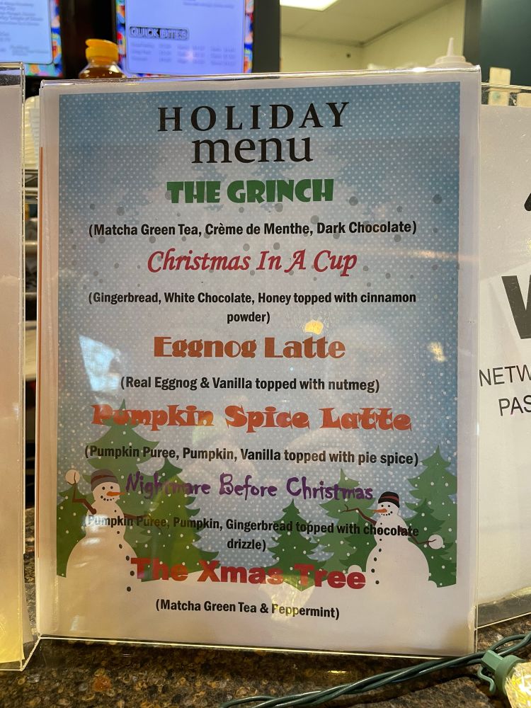 The Grouchy John holiday drink menu.