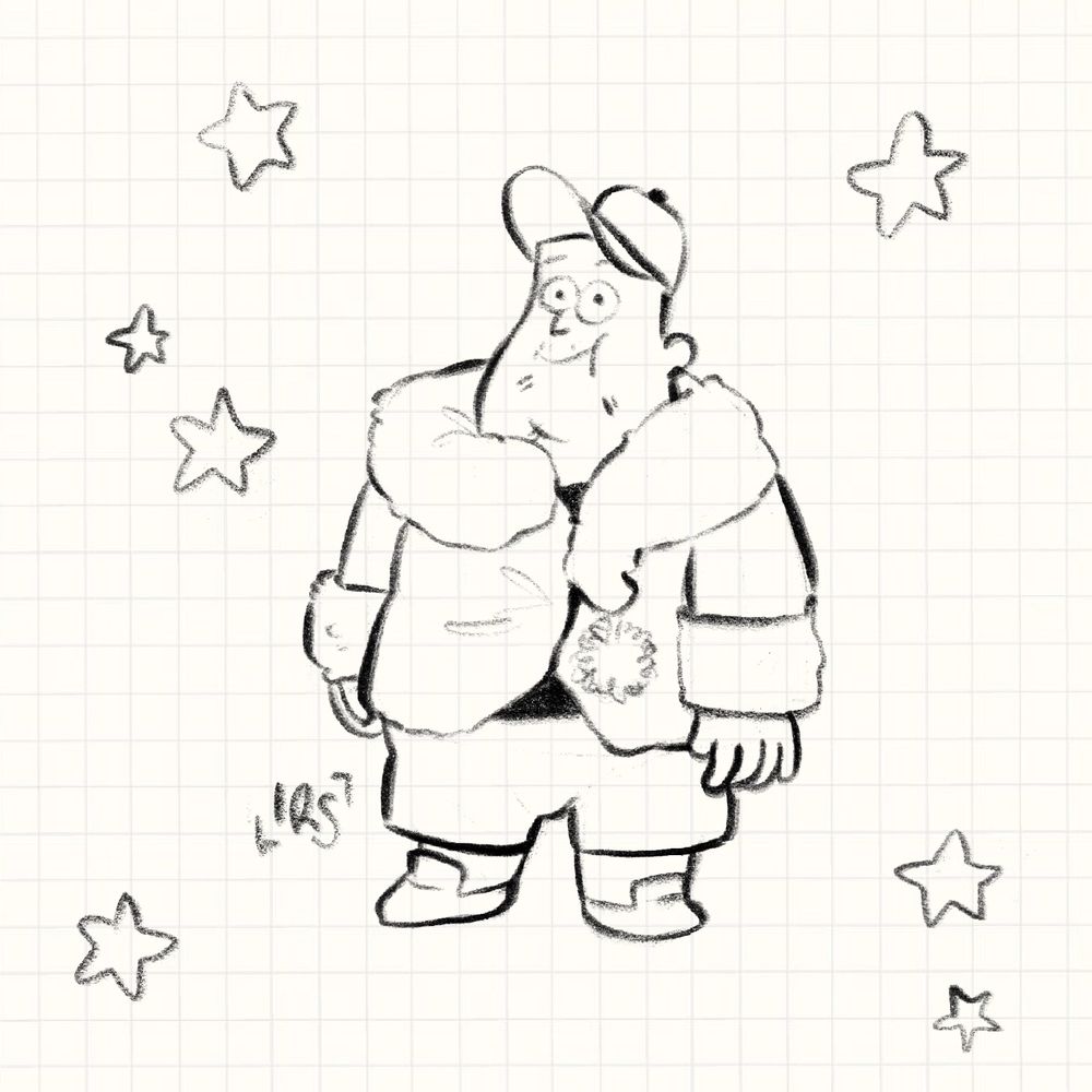 Boceto del personaje Soos, de la serie animada Gravity Falls, vistiendo una de las chaquetas "Question Mark" de Moschino.