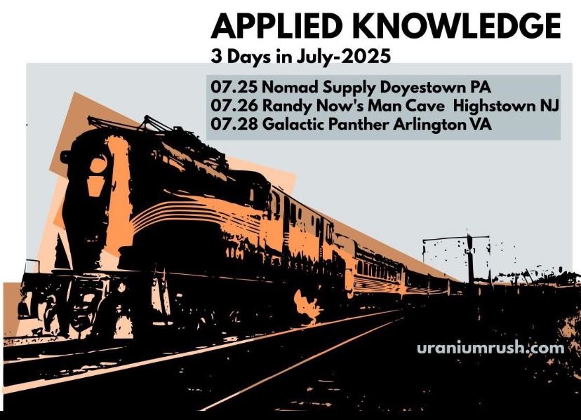 Picture of a train with the dates of Applied Knowledge shows this weekend. July 25 at Nomad Supply Doylestown, PA. July 26 at Randy Now's Man Cave Hightstown, NJ. July  27 at Galactic Panther Arlington. VA