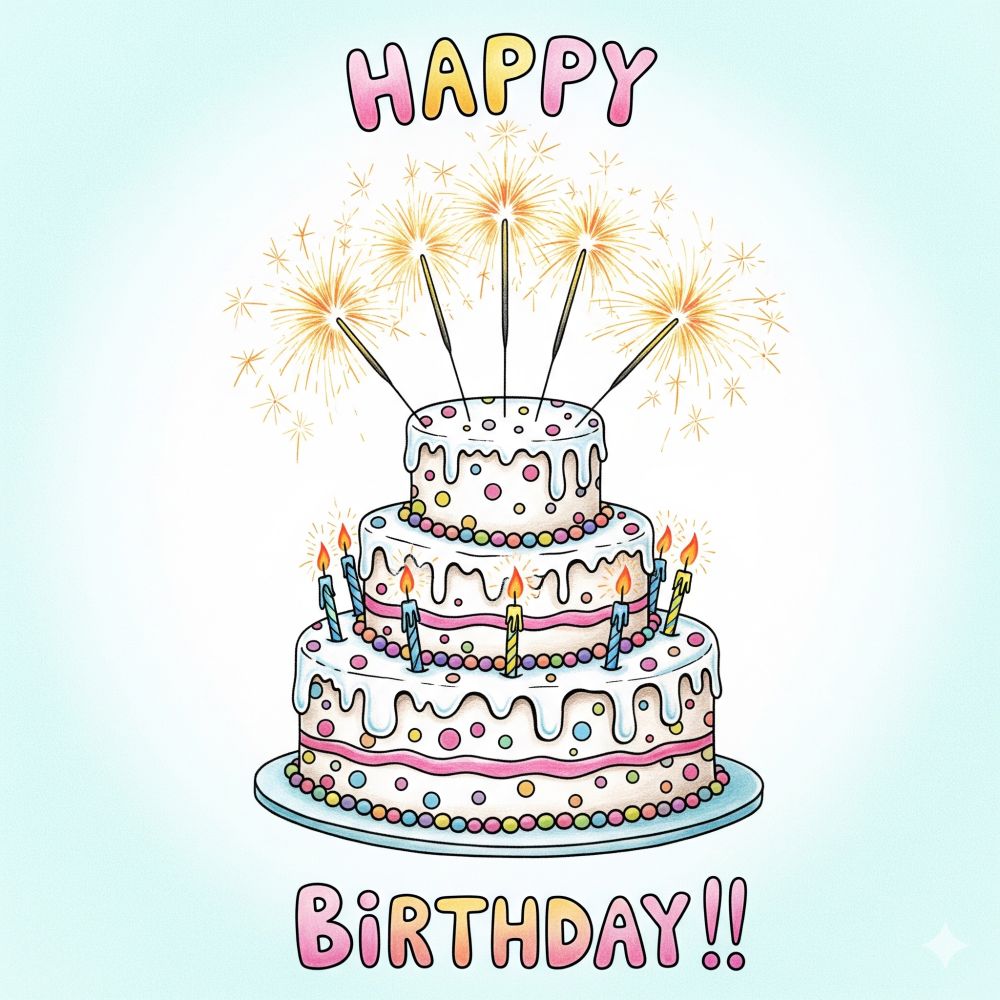 White layered birthday cake with the words Happy Birthday. The cake has five sparklers on top!