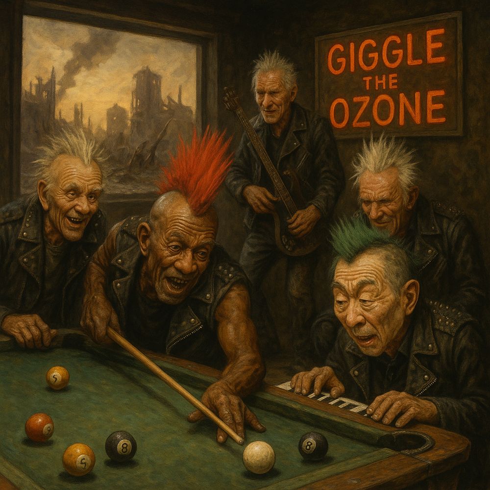 A group of aging punks who may or may not be the band known as Giggle The Ozone, playing pool while the world smolders outside the window.