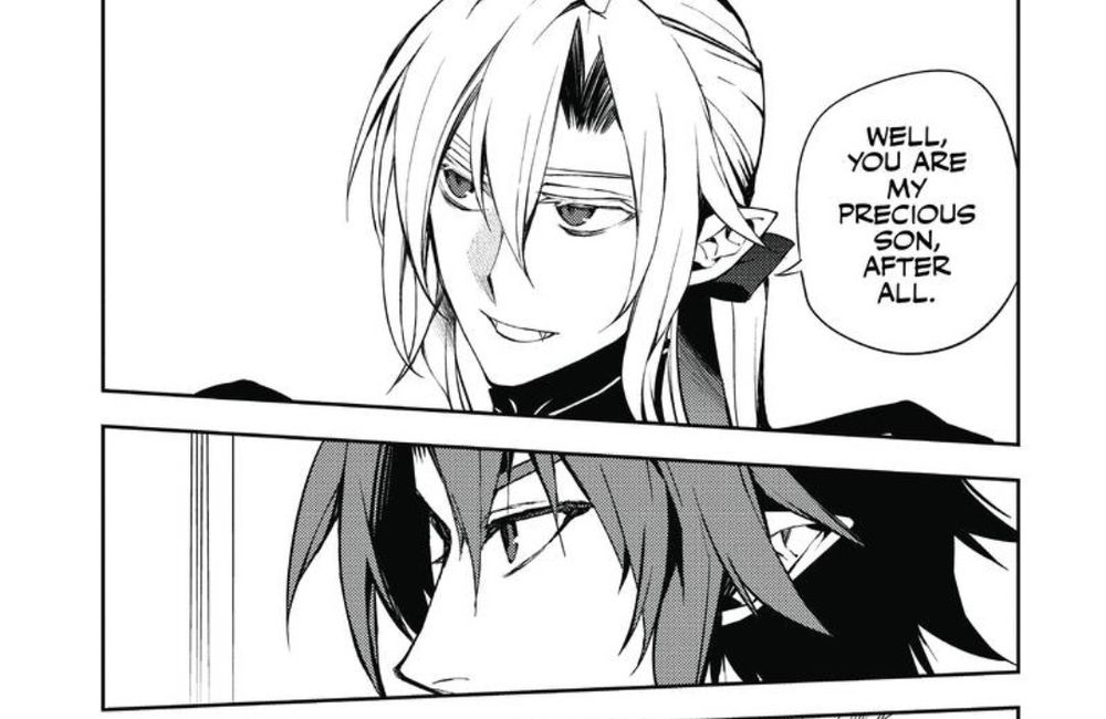 Panels from the manga, Seraph of the End

White haired Ferid Bathory saying "Well, you are my precious son, after all." to redhead Crowley Eusford. Both of them have pointed ears 
