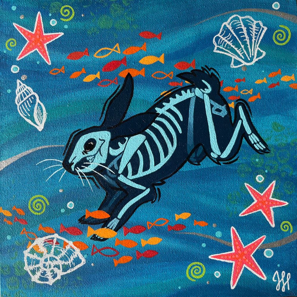 Painting of a rabbit skeleton diving down over a wavy ocean background. It is surrounded by schools of orange fish, white shells, and pink starfish. 
