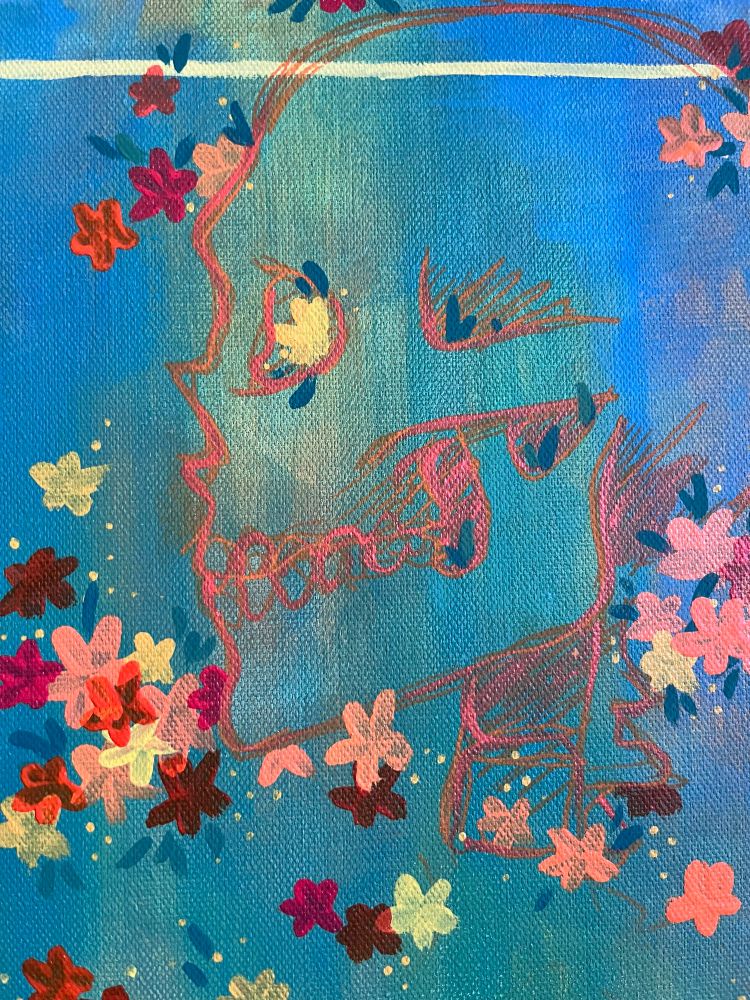 drawing of a skull surrounded by various orange and yellow flowers