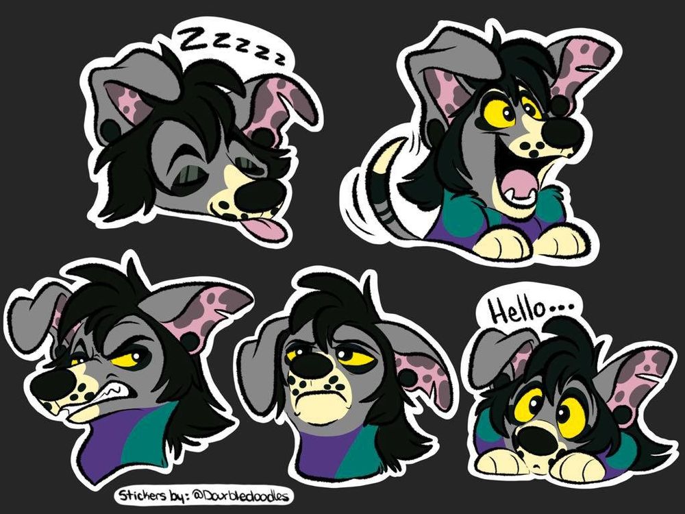 5 drawings of Pidge the Chihuahua in various expressions. Sleeping, happy with tail wagging, angry, bored/annoyed, and peeking/saying hello. Bright and adorable cartoony art style full of life.
