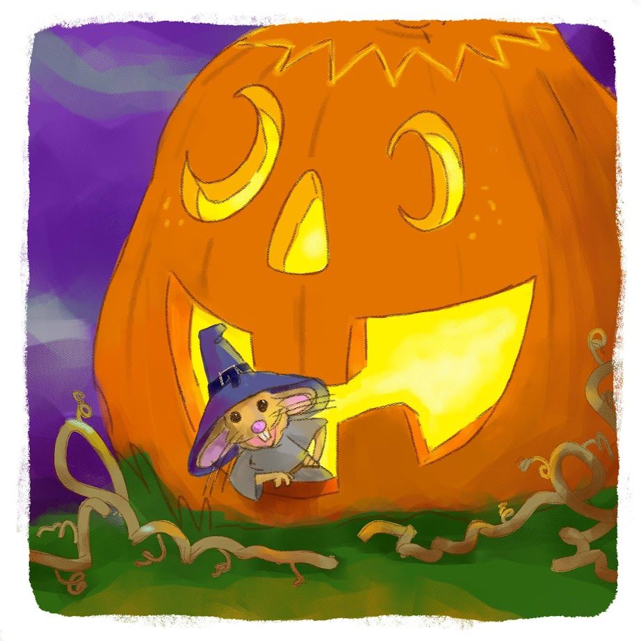 Digital illustration of a little witch mouse poking out of a lit up jack-o-lantern.