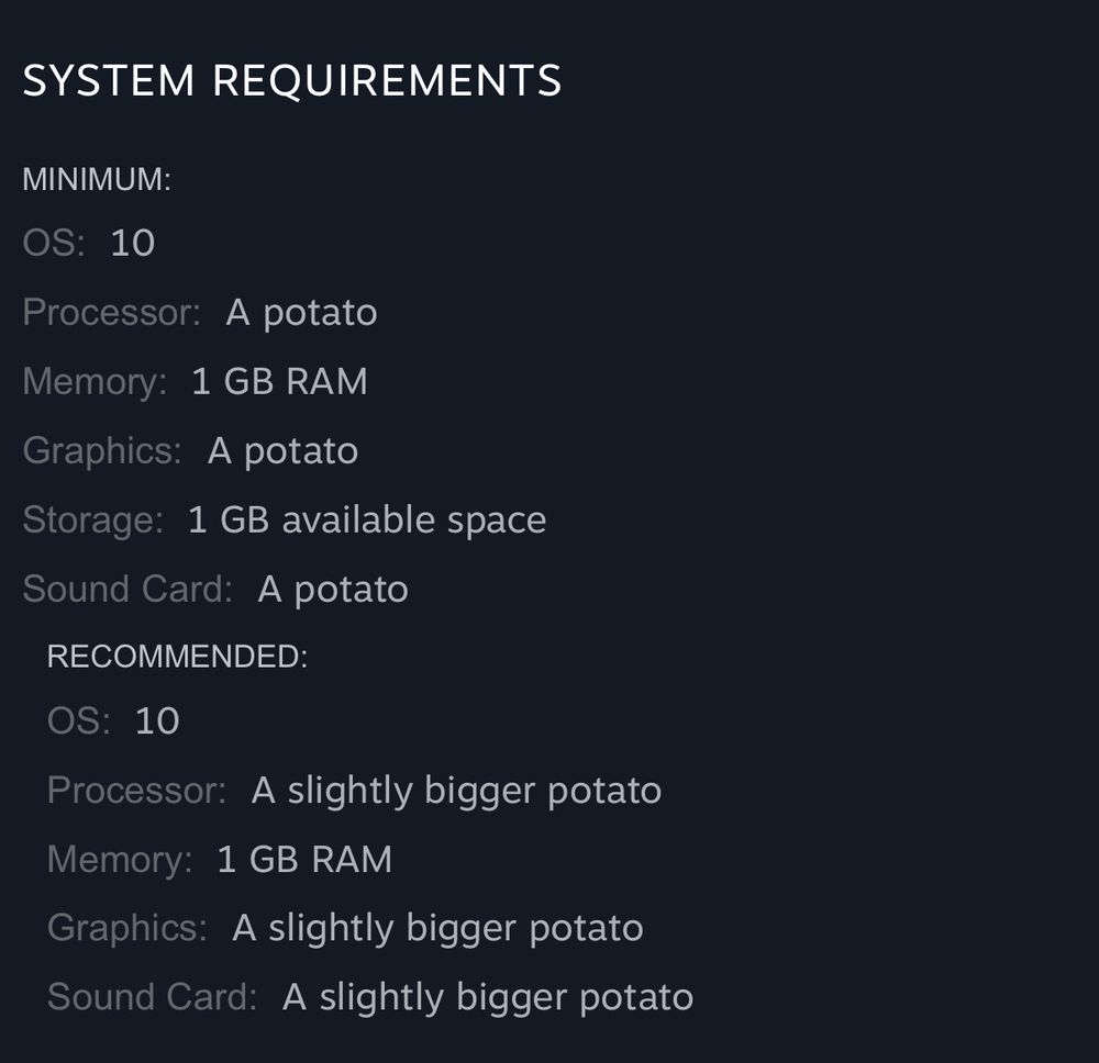 List of requirements for the pixel art giantess lady game just needs lots of potatoes. 