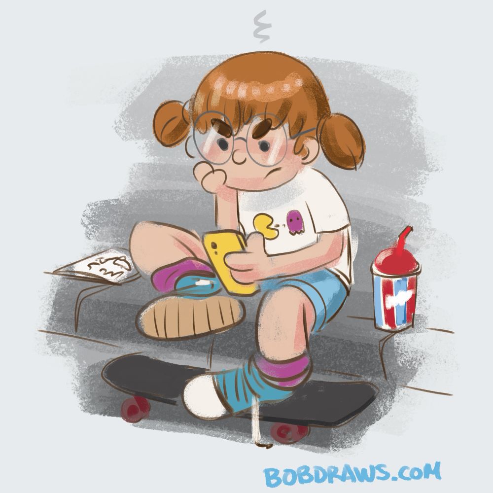 Digital illustration of a young girl, sitting on the curb, her icee and ec comic on the ground next to her.  She’s looking miffed, probably because she just saw on her phone some stupid crap the trump admin did 