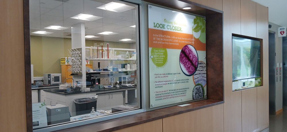 Photo of the right side window that allows Garden guests to look into the Sumner Lab. There are several beakers and tabletop equipments in there. And beside the window is one of the large informational signs on the importance of studying plants with microscopes.