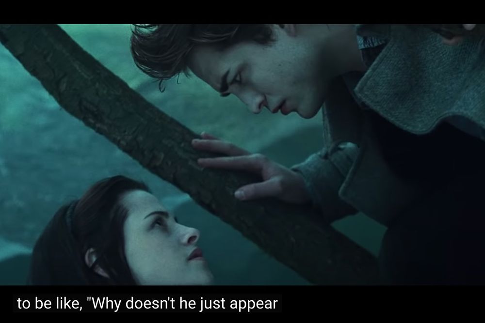 Robert Pattinson facing another actor across a tree branch, subtitles read "to be like, Why doesn't he just appear"