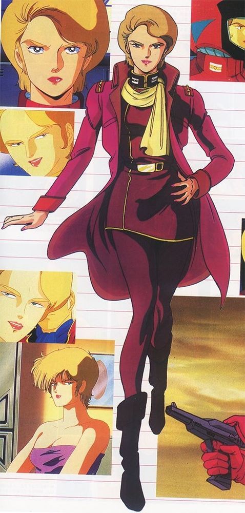 Scan of character art and screenshots of Lila Milla Rira from Zeta Gundam. She has short, conservative blonde hair and burgundy outfits in military style. 