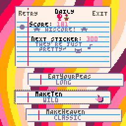 The post-game summary screen for the Daily mode. "Next sticker: 300 points (they're just pretty)". Three options of modes to unlock next: Drop10(long), MakeTen(wild), and MakeHeaven(classic)